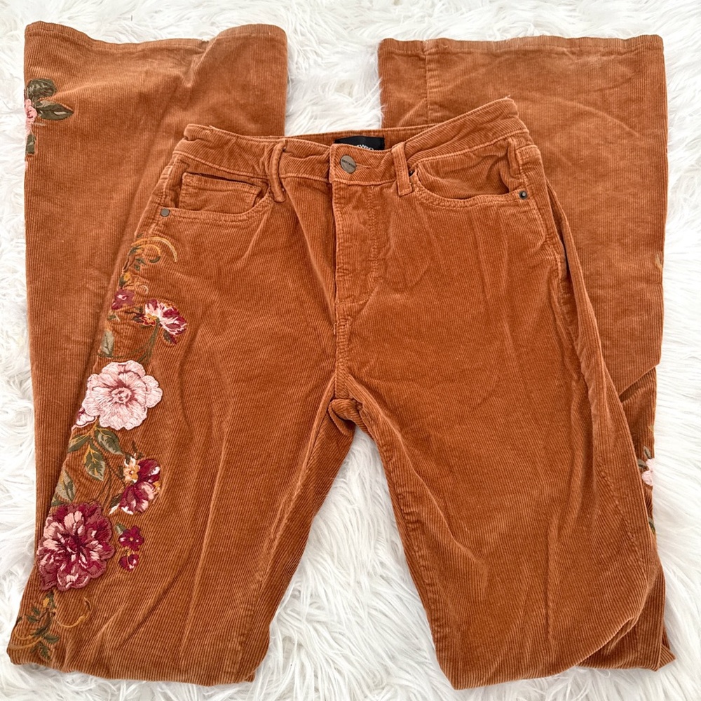 DRIFTWOOD Brown Corduroy Flare Pants with Floral Embroidery